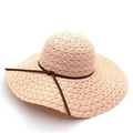 Extra wide brim pink sun hat for women with elegant leather strap and woven texture - Pink