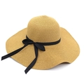Women straw sun hat with wide brim and black ribbon bow for beach vacation protection - Khaki