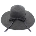 Elegant women's black wide brim straw sun hat with decorative silk ribbon bow - Black