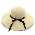 Minimalist summer wide brim straw sun hat with black ribbon bow for women vacation - Beige
