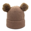 Winter knit baby beanie with double faux fur pom poms in caramel brown warm wool - 1-5 Years Old / Coffee