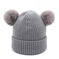 Detail of grey ribbed knit winter hat for kids with two cute faux fur pom-poms on top - 1-5 Years Old / Light Gray