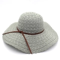 Light gray wide brim crochet sun hat with a brown leather decorative band and bow - Light Green
