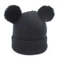 Detail of black knit beanie featuring two large faux fur pom-poms and ribbed cuff texture - 1-5 Years Old / Black