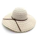 Women's wide brim sun hat with floral crochet lace pattern and brown leather band - Beige