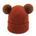 Winter kids knit hat with double fur pom poms and thick ribbed texture in reddish brown - 1-5 Years Old / Orange