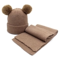 Set sciarpa e cappello in maglia marrone chiaro per bambini con doppio pompon - Caffè