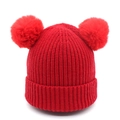 Winter knit baby hat in bright red featuring two fluffy faux fur pom-poms on top - 1-5 Years Old / Red