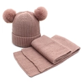 Set invernale bimbo con berretto in maglia rosa con due pompon in finta pelliccia e sciarpa - Champagne