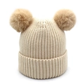 Cozy cream ribbed knit baby hat with two brown faux fur pom poms for winter warmth - 1-5 Years Old / Beige