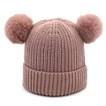 Winter knit beanie for kids featuring double faux fur pom-poms in lotus pink color - 1-5 Years Old / Champagne