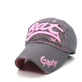 Retro grey and pink baseball cap with distressed brim and 3D embroidery detail - Gray With Pink Letters