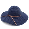 Navy blue wide brim sun hat for women featuring hollow floral crochet and brown belt - Navy Blue