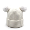 Winter knit wool hat for children with double white faux fur pom poms in solid white color - 1-5 Years Old / White