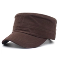 Close-up detail of dark brown cotton cadet cap with flat top and stitched brim - Adjustable / Coffee