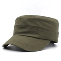 Detailed close-up of army green flat top military cap with reinforced stitching details - Adjustable / Army Green