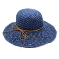 Detailed macro view of navy blue raffia sun hat featuring hand-knitted hollow texture - M(56-58cm) / Navy Blue