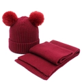 Set sciarpa e cappello a maglia rosso scuro per bambini con due grandi pompon di pelliccia - Borgogna