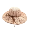 Women's raffia sun hat with wide wavy brim and delicate ribbon bow for beach travel - M(56-58cm) / Pink