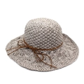 Detailed close-up of tight raffia crochet texture and thin brown leather bow on sun hat - M(56-58cm) / Gray