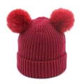 Winter knit hat for children in dark red featuring two fluffy faux fur pom poms - 1-5 Years Old / Burgundy
