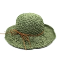 Detail of hand-woven olive green raffia sun hat with brown leather bow and wavy brim - M(56-58cm) / Dark Green