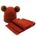 Set berretto e sciarpa in maglia per bambini in marrone caramello con due pompon - Arancione
