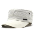 Classic beige cotton flat top cadet hat with metal brand plate and breathable eyelets - Adjustable / Beige