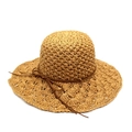 Detail of hand-woven raffia sun hat with scalloped brim and decorative leather bow strap - M(56-58cm) / Light Coffee