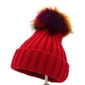 Winter knitted beanie in red with a large colorful raccoon fur pompom on top - Kids / Red