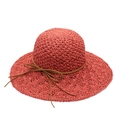 Detail of hand-woven raffia sun hat with elegant wavy brim and thin brown leather bow ribbon - M(56-58cm) / Burgundy