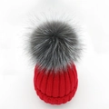 Red knit beanie for women and kids with a large grey fluffy fox fur pom pom - Children Style / Red
