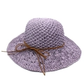 Detail of lavender hand-knitted raffia sun hat featuring a hollow-out crochet pattern - M(56-58cm) / Purple