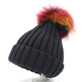 Winter black knit beanie with a colorful large faux fur pompom for parent-child warmth - Kids / Black