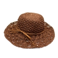 Detailed macro view of brown raffia sun hat showing intricate woven texture and suede bow - M(56-58cm) / Dark Coffee