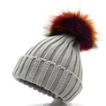 Detail of grey ribbed knit beanie featuring a large colorful faux fur pom-pom topper - Light Gray