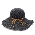 Detail of hand-woven black raffia sun hat with breathable crochet texture and brown leather cord - M(56-58cm) / Black