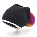 Women's black knit winter beanie with white striped edge and colorful faux fur pom pom - M / Black