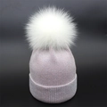 Pink knit beanie for women featuring silver glitter yarn and a white faux fur pompom - M / Pink