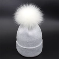 Women's knit beanie with shiny lurex silver thread and oversized white faux fur pompom - M / White