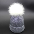 Women's dark blue ribbed knit beanie with metallic thread and white faux fur pom-pom - M / Black