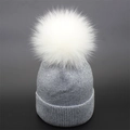 Sparkling silver knit beanie with fluffy white pom-pom for women winter fashion - M / Gray