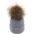 Winter silver grey knit beanie for women with large fluffy faux fur pompom detail - M / Gray
