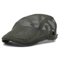 Detail view of military green mesh flat cap with breathable fabric and adjustable metal buckle - Adjustable / Army Green
