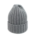 Detailed view of gray rib-knit winter hat with thick texture and wide folded cuff - Gray