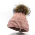 Women's pink knit beanie with fluffy faux fur pom pom and ribbed cuff for winter warmth - M / Pink