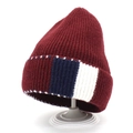 Thick burgundy knit beanie for women featuring a ribbed texture and red-blue side stripe - Kids / Burgundy