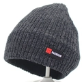 Dark grey knitted beanie with ribbed texture and Fashion label on white background - Black