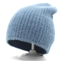 Women's light blue faux mink fur beanie hat with thick knitted thermal lining - Blue