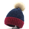 Thick chenille knitted beanie for women featuring navy stripes and burgundy ribbed cuff - Navy/Burgundy Stitching